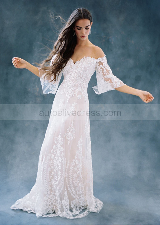 Off Shoulder Bell Sleeve Ivory Lace Tulle Wedding Dress